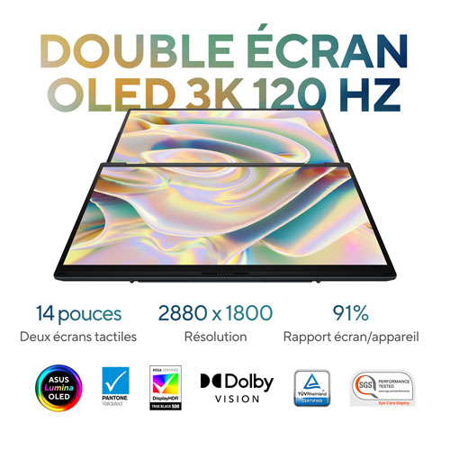Portable à écran tactile 2-en-1 de 14 po Zenbook DUO d'ASUS avec IA - Gris encrier (Core Ultra 9 d'Intel/RAM 32 Go/SSD 1 To/Win 11)