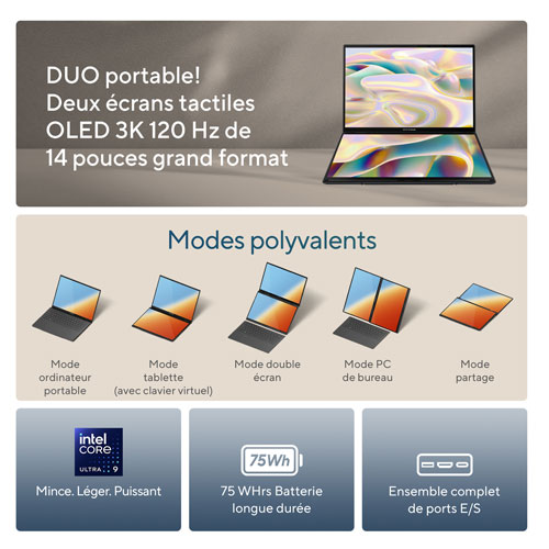 Portable à écran tactile 2-en-1 de 14 po Zenbook DUO d'ASUS avec IA - Gris encrier