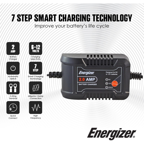Brand New - Energizer 2-Amp Fully-Automatic Smart Charger, 6V and 12V Battery Charger & Maintainer - Black