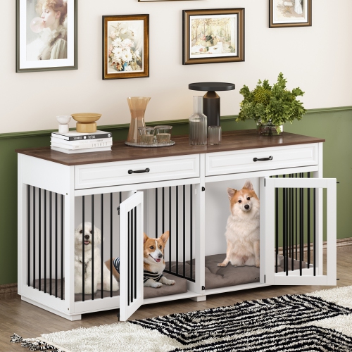 Famapy Large Double-Door Dog Crate Cabinet with Drawers and Spacious Compartments, White