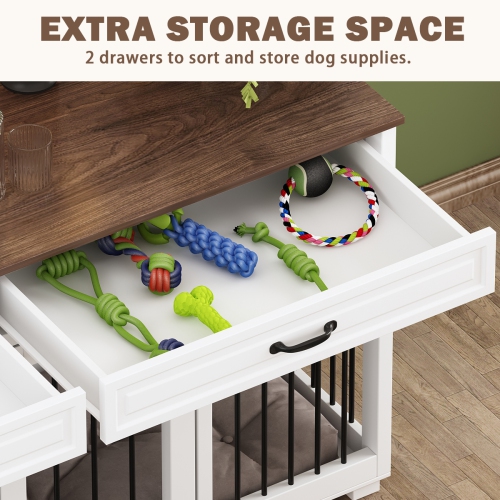 Famapy Large Double-Door Dog Crate Cabinet with Drawers and Spacious Compartments, White