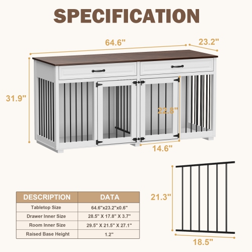 Famapy Large Double-Door Dog Crate Cabinet with Drawers and Spacious Compartments, White