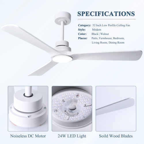 HUMHOLD 52" Wood Ceiling Fan with Lights and Remote, Reversible DC Motor 6-Speed, 3 Blades for Bedroom/Living Room/Kitchen - White