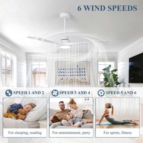 HUMHOLD 52" Wood Ceiling Fan with Lights and Remote, Reversible DC Motor 6-Speed, 3 Blades for Bedroom/Living Room/Kitchen - White