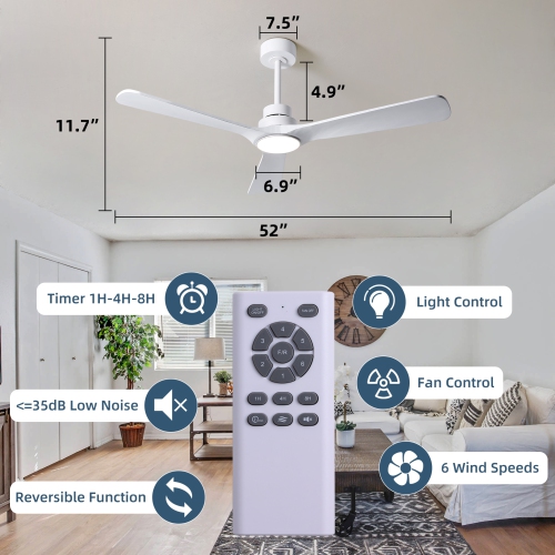 HUMHOLD 52" Wood Ceiling Fan with Lights and Remote, Reversible DC Motor 6-Speed, 3 Blades for Bedroom/Living Room/Kitchen - White