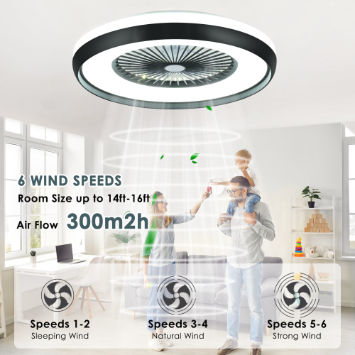 HUMHOLD 24" Low Profile with 3-Dimmable Light, Bladeless with Remote/APP Control, 6 Speeds Flush Mount Smart Ceiling Fan for Kids
