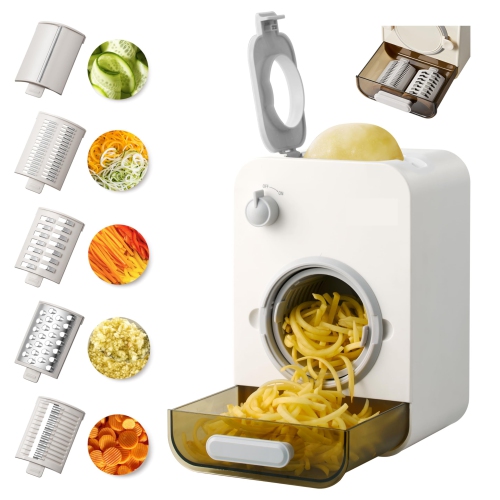 GlowWise Electric Cheese Grater: 5-in-1 with 5 blades for cheese, carrots, potatoes, and veggies. Features 110mm large caliber and built-in storage b