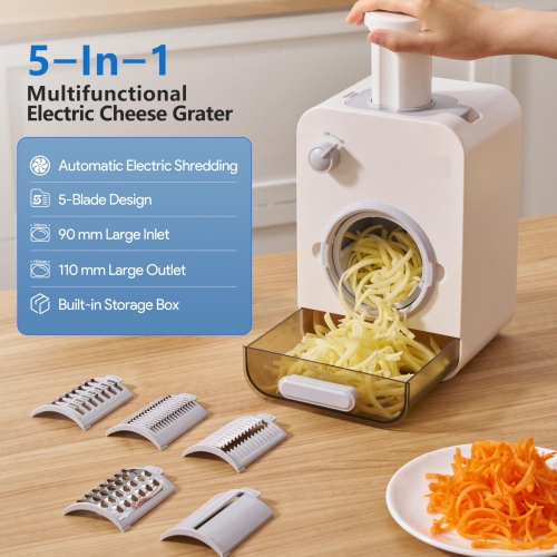 GlowWise Electric Cheese Grater: 5-in-1 with 5 blades for cheese, carrots, potatoes, and veggies. Features 110mm large caliber and built-in storage