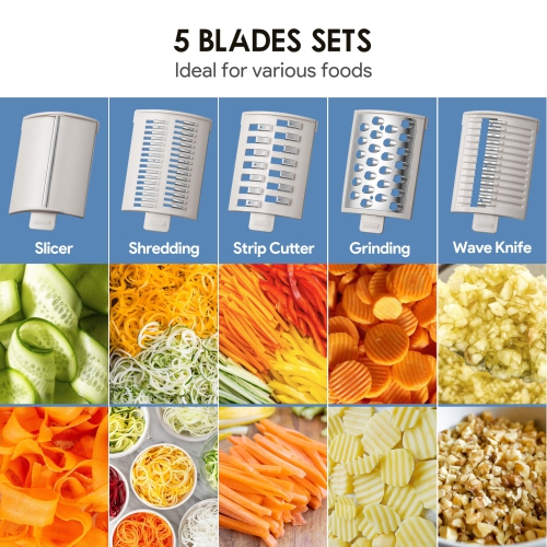 GlowWise Electric Cheese Grater: 5-in-1 with 5 blades for cheese, carrots, potatoes, and veggies. Features 110mm large caliber and built-in storage