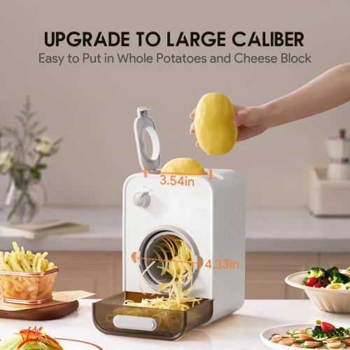 GlowWise Electric Cheese Grater: 5-in-1 with 5 blades for cheese, carrots, potatoes, and veggies. Features 110mm large caliber and built-in storage