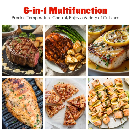 GlowWise Smokeless Indoor Grill Electric contact grill, panini press, adjustable temperature/timer, auto-lift, independent upper heating, removable