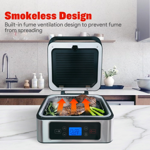 GlowWise Smokeless Indoor Grill Electric contact grill, panini press, adjustable temperature/timer, auto-lift, independent upper heating, removable