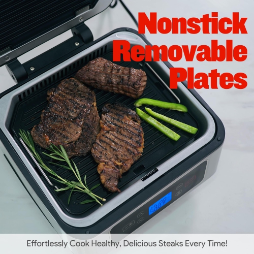 GlowWise Smokeless Indoor Grill Electric contact grill, panini press, adjustable temperature/timer, auto-lift, independent upper heating, removable