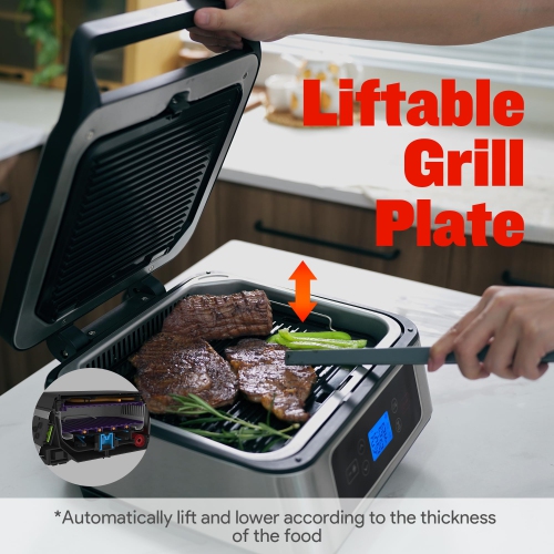 GlowWise Smokeless Indoor Grill Electric contact grill, panini press, adjustable temperature/timer, auto-lift, independent upper heating, removable
