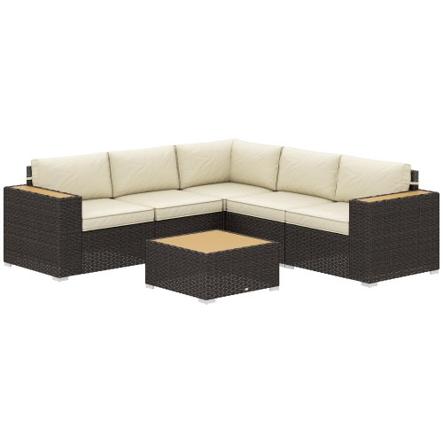 OUTSUNNY  6 Pieces Wicker Patio Furniture Set, High Back 5 Seater Sectional Outdoor Furniture \w Corner Sofa And Wood-Plastic Coffee Table for Deck
