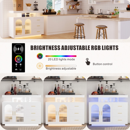 Vlsrka Sideboard Buffet Cabinet with Charging Station, Auto-Sensor 20 Color Lights Console Table with Storage,Touch Control Console Coffee Bar Table