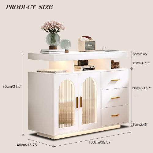 Vlsrka Sideboard Buffet Cabinet with Charging Station, Auto-Sensor 20 Color Lights Console Table with Storage,Touch Control Console Coffee Bar Table