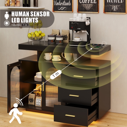 Vlsrka Sideboard Buffet Cabinet with Charging Station, Auto-Sensor 20 Color Lights Console Table with Storage,Touch Control Console Coffee Bar Table