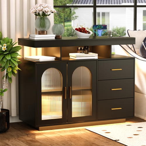 Vlsrka Sideboard Buffet Cabinet with Charging Station, Auto-Sensor 20 Color Lights Console Table with Storage,Touch Control Console Coffee Bar Table