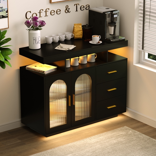 Vlsrka Sideboard Buffet Cabinet with Charging Station, Auto-Sensor 20 Color Lights Console Table with Storage,Touch Control Console Coffee Bar Table