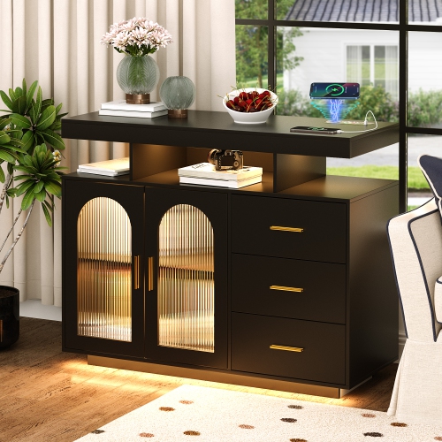 Vlsrka Sideboard Buffet Cabinet with Charging Station, Auto-Sensor 20 Color Lights Console Table with Storage,Touch Control Console Coffee Bar Table