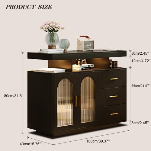 Vlsrka Sideboard Buffet Cabinet with Charging Station, Auto-Sensor 20 Color Lights Console Table with Storage,Touch Control Console Coffee Bar Table