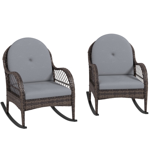 Outsunny Wicker Outdoor Rocking Chair Set of 2, Rattan Patio Rocking Chairs with Cushions and Curved Armrests, Indoor Outdoor Rocker for Porch,