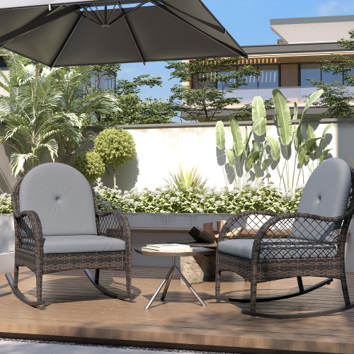 Outsunny Wicker Outdoor Rocking Chair Set of 2, Rattan Patio Rocking Chairs with Cushions and Curved Armrests, Indoor Outdoor Rocker for Porch,