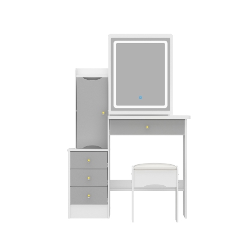 FAMAPY  Led Lighted Vanity Table w Mirror, Adjustable Lighting, Storage Drawers & Cabinet, w Wooden Handles (53.2" H X 35.2" W X 15.6" D), White And