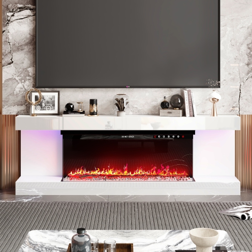Homsee White TV Cabinet with Electric Fireplace & RGB LED Lights, Modern Media Console for Living Room, White