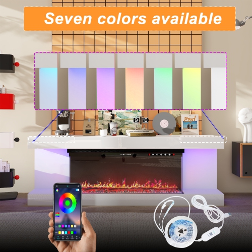 Homsee White TV Cabinet with Electric Fireplace & RGB LED Lights, Modern Media Console for Living Room, White