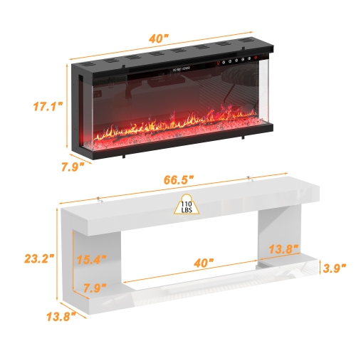 Homsee White TV Cabinet with Electric Fireplace & RGB LED Lights, Modern Media Console for Living Room, White