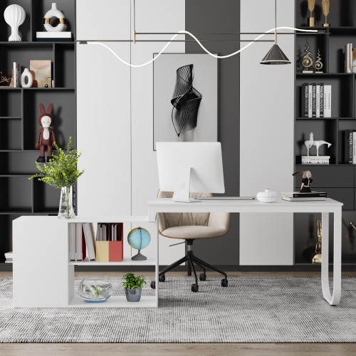Homsee L-Shaped Office Desk with Storage Shelves & Drawers, Modern All-White Computer Desk for Home Office, White