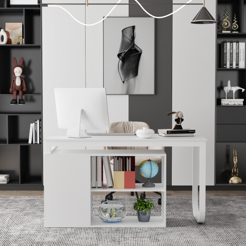 Homsee L-Shaped Office Desk with Storage Shelves & Drawers, Modern All-White Computer Desk for Home Office, White
