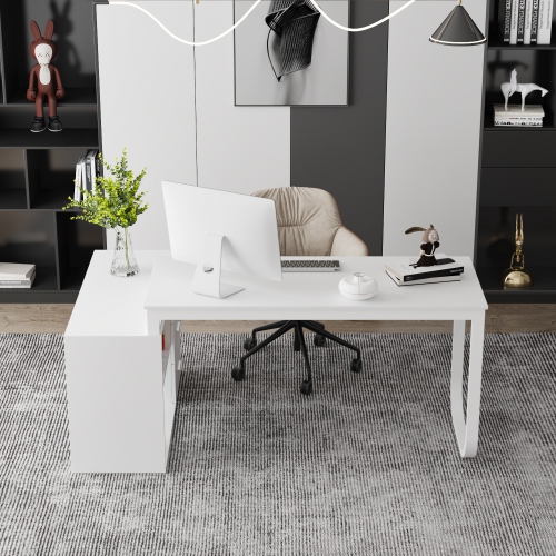 Homsee L-Shaped Office Desk with Storage Shelves & Drawers, Modern All-White Computer Desk for Home Office, White