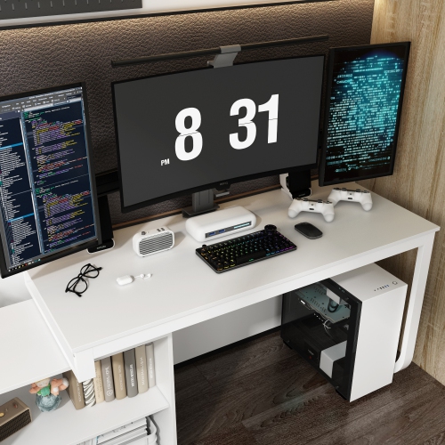 Homsee L-Shaped Office Desk with Storage Shelves & Drawers, Modern All-White Computer Desk for Home Office, White