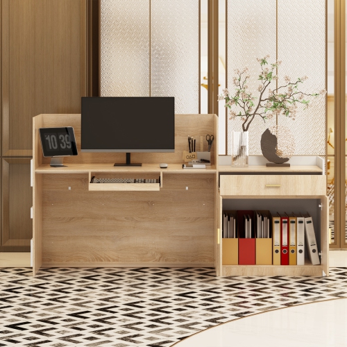 Famapy L-Shaped Computer Desk with Storage, Keyboard Tray, and Cabinet, Modern Office Desk,White & Oak