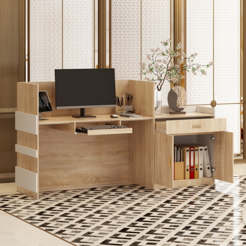 Famapy L-Shaped Computer Desk with Storage, Keyboard Tray, and Cabinet, Modern Office Desk,White & Oak