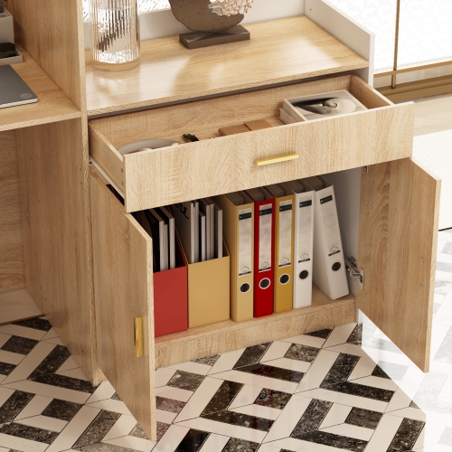 Famapy L-Shaped Computer Desk with Storage, Keyboard Tray, and Cabinet, Modern Office Desk,White & Oak