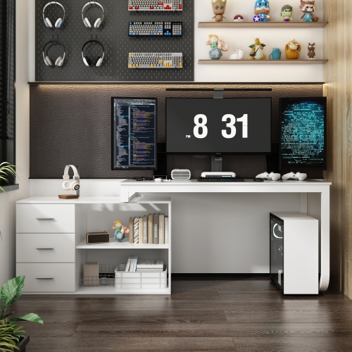 Famapy L-Shaped Office Desk with Storage Shelves & Drawers, Modern All-White Computer Desk for Home Office,White