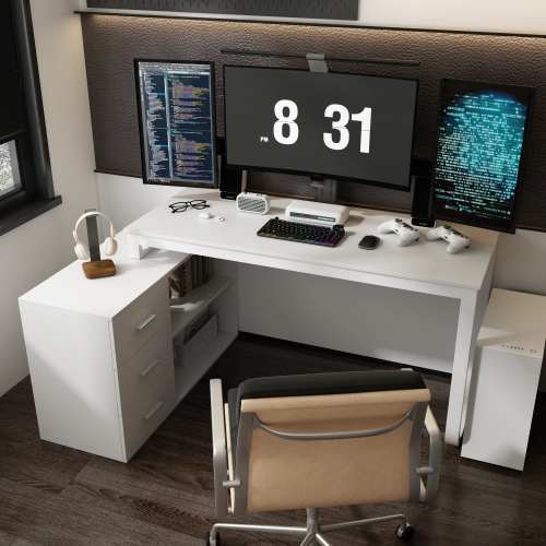 Famapy L-Shaped Office Desk with Storage Shelves & Drawers, Modern All-White Computer Desk for Home Office,White