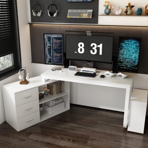 Famapy L-Shaped Office Desk with Storage Shelves & Drawers, Modern All-White Computer Desk for Home Office,White