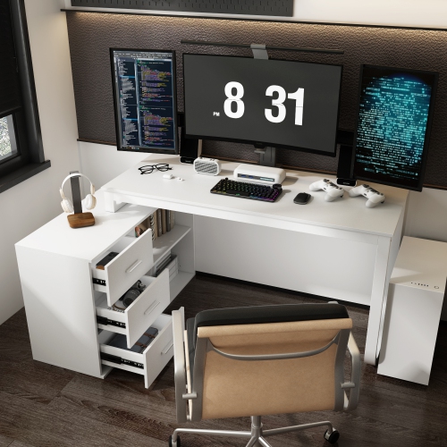 Famapy L-Shaped Office Desk with Storage Shelves & Drawers, Modern All-White Computer Desk for Home Office,White