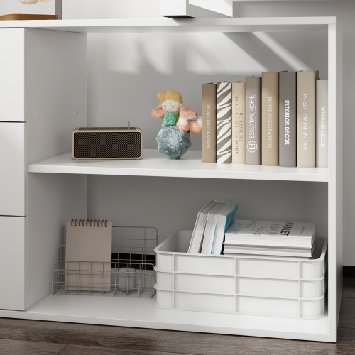 Famapy L-Shaped Office Desk with Storage Shelves & Drawers, Modern All-White Computer Desk for Home Office,White