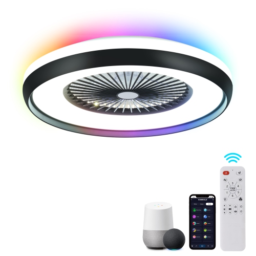 HUMHOLD 24" Bladeless Ceiling Fan with RGB Light Remote, Smart LED with Voice/App Control, Modern Low Profile Dimmable Light for Bedroom Living Room
