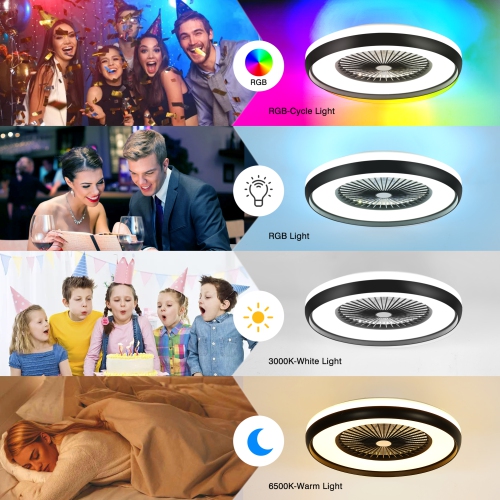 HUMHOLD 24" Bladeless Ceiling Fan with RGB Light Remote, Smart LED with Voice/App Control, Modern Low Profile Dimmable Light for Bedroom Living Room