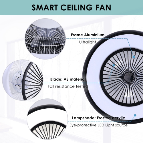 HUMHOLD 24" Bladeless Ceiling Fan with RGB Light Remote, Smart LED with Voice/App Control, Modern Low Profile Dimmable Light for Bedroom Living Room