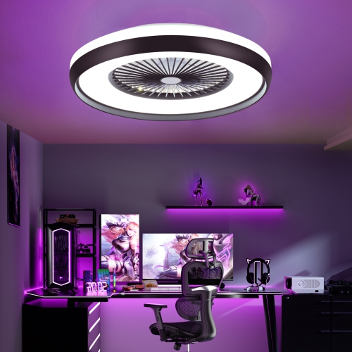 HUMHOLD 24" Bladeless Ceiling Fan with RGB Light Remote, Smart LED with Voice/App Control, Modern Low Profile Dimmable Light for Bedroom Living Room