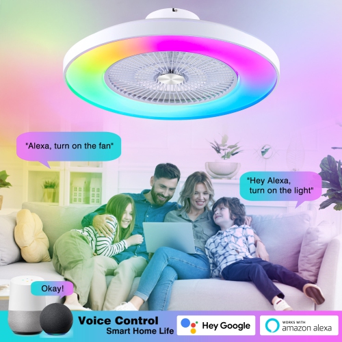 HUMHOLD 24" Bladeless Ceiling Fan with Lights and Remote/APP/Voice Control, Low Profile with RGB Lights, Enclosed Flush Mount for Kid's