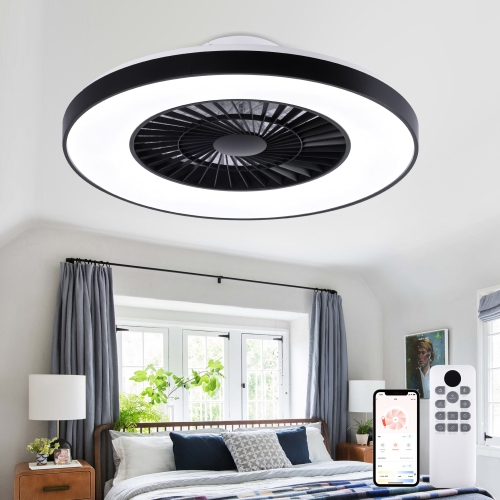 HUMHOLD Bladeless Ceiling Fan with Light, 24" Low Profile with Light, 3-Dimmable Lights, Enclosed with 6 Speeds Black for Bedroom, Living Room - Black